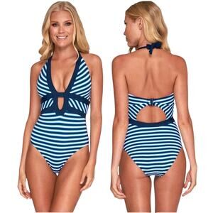 JETS Australia by Jessika Allen Striped Plunge V-Neck One-Piece Swimsuit